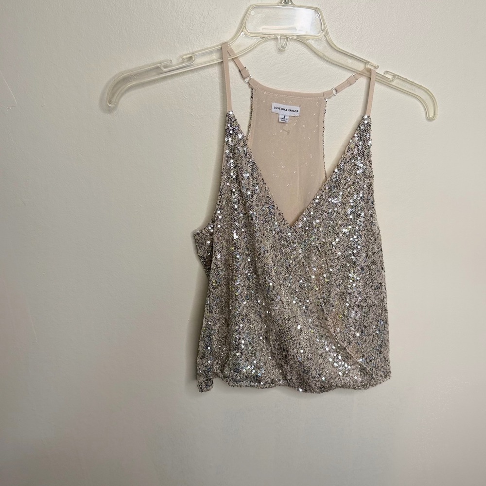 Love on a Hanger Sequin Tank Top Womens S Champagne Wrap Front Party Sparkly